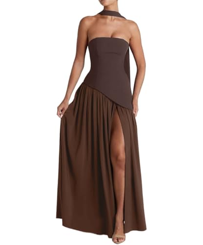 Women Strapless Patchwork Maxi Dress Sexy High Slit Tube Top Party Club with Scarf Long Prom Wedding Guest Dresses4