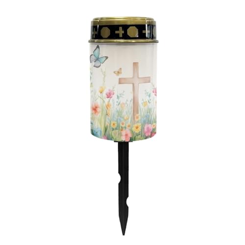 Image of Poceacles Cross Solar Powered Memorial Light for Cemetery - Waterproof Landscape Outdoor Light for Yard, Patio, Lawn, Home Decor - Cross Butterfly Floral Design