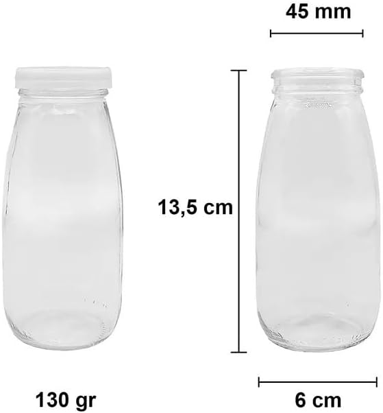 250ML Transparent Jug Milk, Ayran, Water, Lemonade, Soft Drink Bottle Glass Bottle with 4 White Plastic Lids