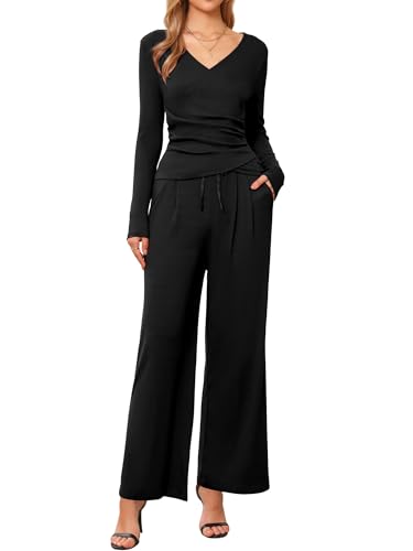 Allegra K Lounge Sets for Women's 2 Piece V Neck Drawstring Fall Long Sleeve Wide Leg Casual Matching Sets with Pockets