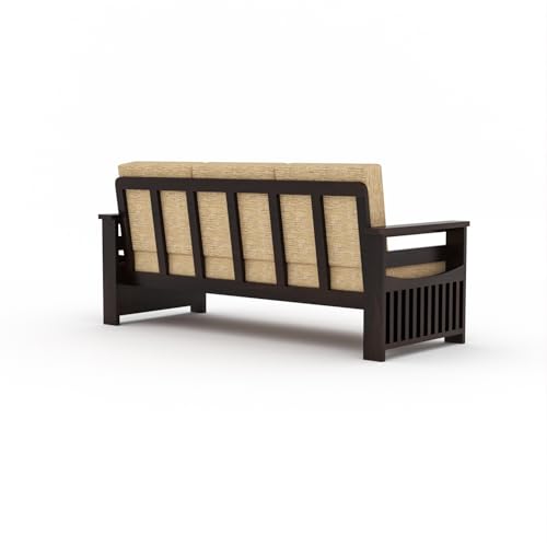 Image of Sheesham Wooden 3 Seater Sofa for Living Room | Rosewood 3 Seater Cushion Sofa Side Half Moon Rack | Solid Wood Sofa Set for Lounge (3 Seater,Walnut)
