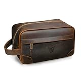 Handadsume Retro Genuine Crazy Horse Leather Handmade Travel Washroom Toiletry Bag for Men - Dopp Kit - Shaving Kit 771 (775 Brown)