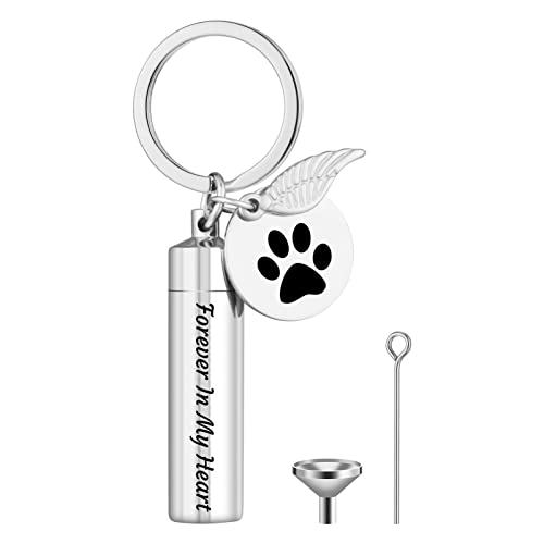 ALTcompluser Porte-clés urne funéraire en forme d'aile d'ange avec pendentif en forme de cylindre, bijou souvenir pour cendres pour homme (empreintes de pattes) Cover