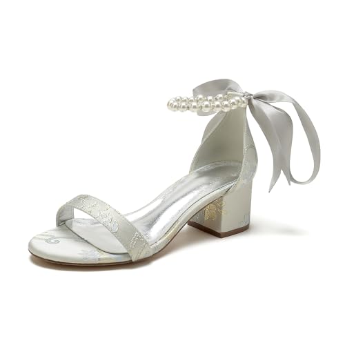 Women's Block Heel Pumps Chunky Open Toe Floral Low Heels Satin Wedding Shoes for Bride Pearls Dress Shoes Heels Sandals