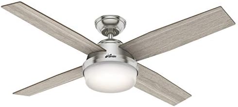 Hunter 52 inch Indoor Ceiling Fan with LED Light and Remote Control - Modern Ceiling Fan, Standard Mount, 4 Light Gray Oak Blades, for Bedroom, Living Room, or Kitchen - Dempsey 50284, Brushed Nickel