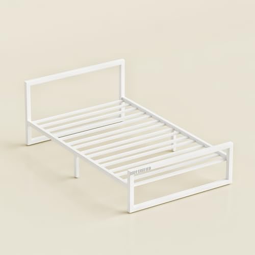 Image of Single Size Metal Bed Frame | SingleSize Metal Bed for Adults | Heavy Duty Iron Bed | Steel Bed Single | Single Metal Cot | Platform Bed | White MetalBed | Metal Slats | No Box Spring Needed