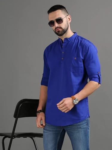 Image of DEEMOON Men's Cotton Blend Full Sleeve Short Kurta with Mandarin Collar Crafted from a Premium Cotton Blend
