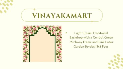 Image of Lakshmi puja Backdrop | Light Cream Traditional Backdrop with a Central Green Archway Frame and Pink Lotus Garden Borders 8x8 Feet | Background Decoration Cloth | Pooja pichwai Backdrop