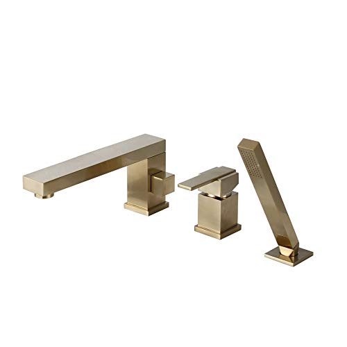 Hottest Sale Large Flow Rate Bathtub Faucet, Bathroom Basin Faucet, Square Brushed Gold Deck Mounted Multifunction 3-holes Roman Tap Set With Handheld Shower + Switch + Spout…