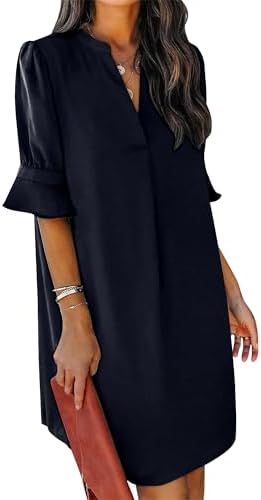 KISSMODA Womens Ruffle Half Sleeve Dress V Neck Summer Casual Shift Dresses Trendy Loose Classic Work Shirt Dress A Blue