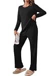 TIANZHU Pajamas for Women UK Ribbed Nightwear Set Casual Homewear Suit Long Sleeve Top Wide Leg Pants with Pockets, Black, Size 24-26