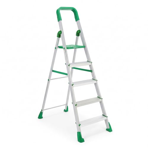 Amazon Basics Clamber Pro - Foldable Step Ladder, Firm Grip, 5 Steps (Aluminium Steps, Green & Satin)