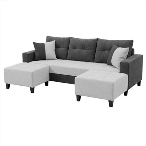 Image of SLEEPIFY Harlon Velvet-Suede Fabric 3 Seater Sofa Set with 2 Ottoman (Dark Gray - Light Gray) | Comfortable & Spacious Seating | Modern Sofa Set for Living Room | Soft Touch Upholstery