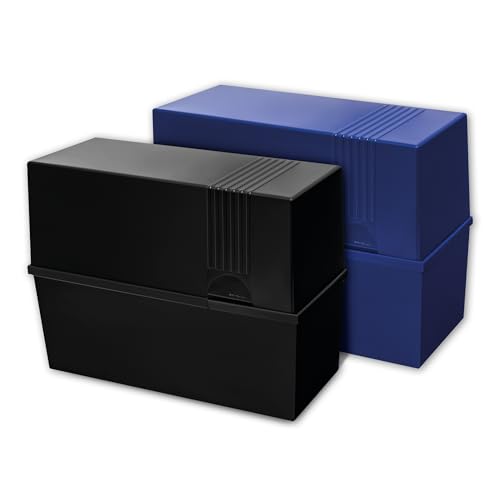 herlitz Karteikasten DIN A5 aus Kunststoff, für bis zu 300 Karteikarten, stabile Karteikartenbox in Blau oder Schwarz, unbefüllt