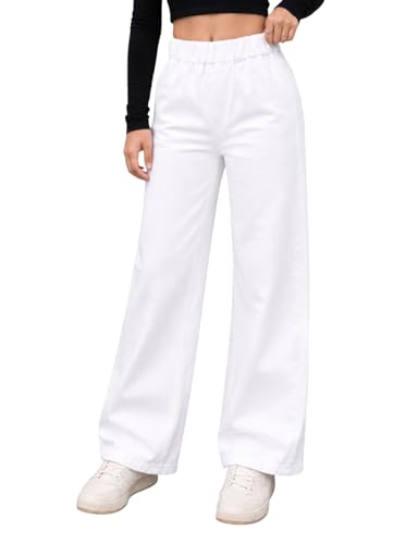 Image of ADBUCKS Girl's Stretch Denim Wide Leg Jeans Comfort Fit with Elastic Waistband, Straight Cut, Casual Style for All Seasons, Versatile Clothing