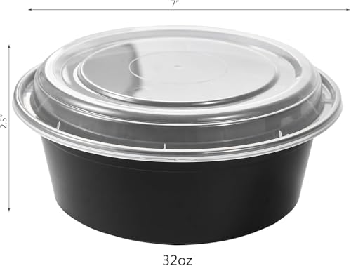 Image of [1000 ml (32oz) 25 Count, Round, Black Reusable Plastic Food Storage Containers with Lid | Airtight, Microwave Safe Containers | Perfect for Meal Prep, Storage, Takeaway & Food Delivery