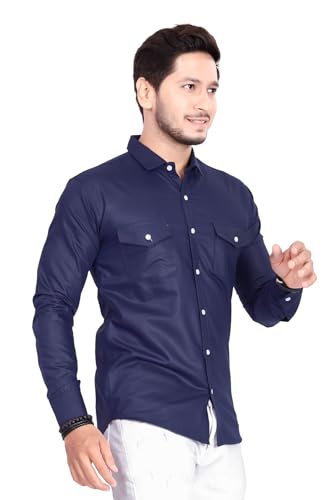 Image of Men's Cotton Spread Collar Full Sleeve Regular Fit Solid Casual Shirt with Double Pockets - Stylish Comfortable Shirt for Everyday Wear