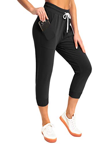 Specialmagic Women's Sweatpants Cropped Jogger French Terry Running Pants Lounge Loose Fit Drawstring Waist With Side Pockets Black Large #TOP1