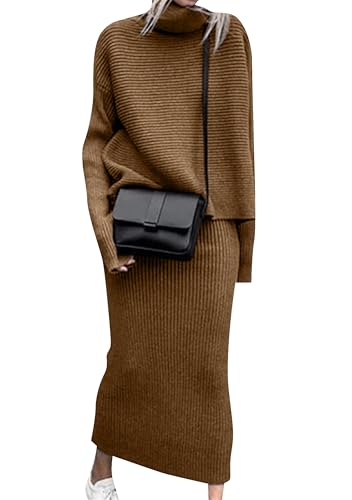 EFOFEI Dama Mangas Largas Midi Conjunto Vestido Suéter Canalé Suéter Canalé Conjunto Marrón L