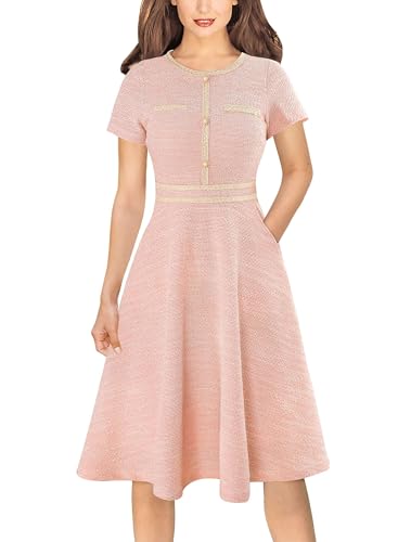 Image of VFSHOW Womens Buttons Pockets Office Business A-Line Dresses Short Sleeve Work Crew Neck Tweed Trim Fit and Flare Swing Dress