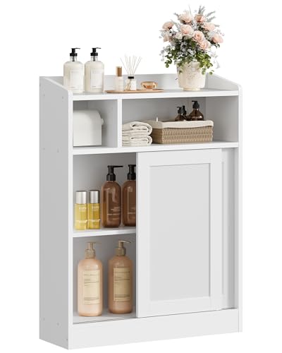 CHOEZON Slim Bathroom Storage Cabinet, Bathroom Floor Cabinet, Storage Organizer with Toilet Paper Holder, Sliding Doors and Adjustable Shelf, for Small Spaces, Bathroom, Living Room, Kitchen, White