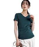 [ニッセン] Tシャツ カットソー レディース 春 夏 秋 オールシーズン UVカット 綿１００％ フライス素材 Vネック 半袖 Tシャツ 大きいサイズ有 ディープグリーン S