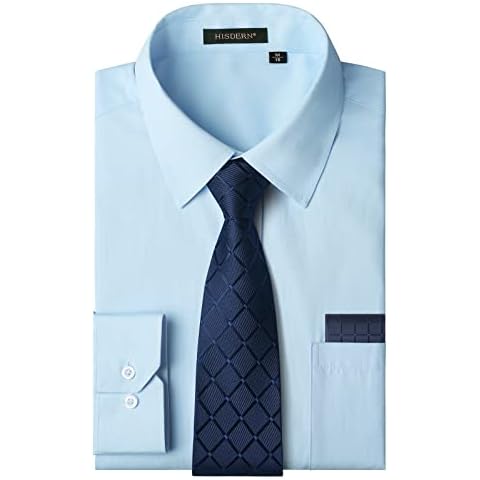 HISDERN Camisa Hombre Azul Manga Larga con Corbata y Pañuelo Cover
