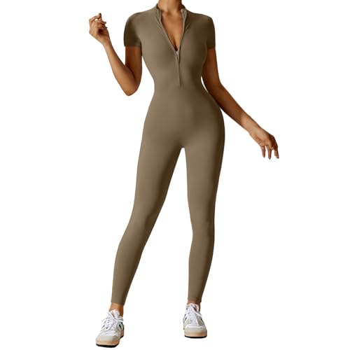 Litthing Mono de Yoga Mujer Ropa Deportiva con Cremallera Mangas Cortas Traje Una Pieza Jumpsuit Sexy Elásticos Largo Body Overol de Gimnasio Entrenamiento Fitness Running