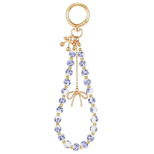 Yolev Beaded Camera Charm Strap Blue Keychain Wristlet Bracelet For Women Digital Camera Phone Charm Wrist Strap Aesthetic Bracelet Key Ring For Car Keys