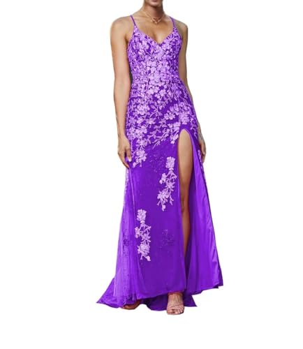 Image of Long Spaghetti Straps Tulle Mermiad Prom Dress V Neck Lace Appliques Formal Dress with Slit SF203