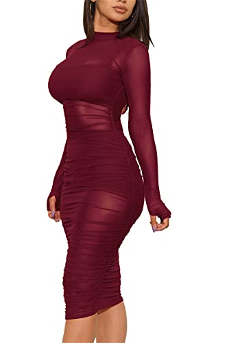 Image of Atyfuniby Women's Sexy 3 Piece Outfits Mesh See Through Ruched Midi Dresses + Crop Tank Tops + Skinny Shorts Sets Clubwear