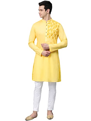 Image of See Designs Yellow Cotton Regular Fit Embroidered Kurta