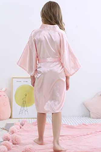 Morforu Girls Kids Solid Color Silky Satin Kimono Robe For Wedding Spa Party, Short (Pink, Tag 6) #TOP4
