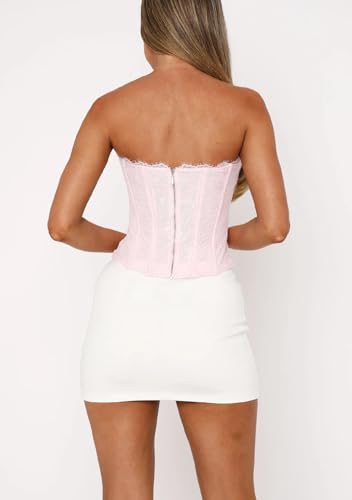 Women's Lace Up Rhinestones Corset Tops Heart Cutout Floral Embroidery Strapless Boned Bandeau Bustier Top2