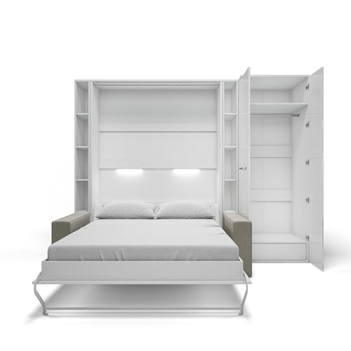 MAXIMAHOUSE Lit escamotable Vertical Invento 140V avec des colonnes et Armoire + canapé (Blanc/Blanc Mat+Sofa Beige/Marron Clair)