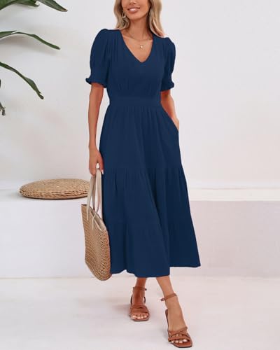 Image of YEXPINE Women's Cotton Tiered Midi Dress Short Sleeve V Neck Elastic Waist Casual Long Flowy Summer Dress
