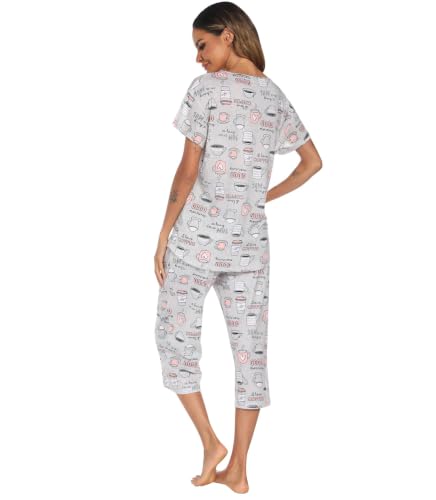 Image of ENJOYNIGHT Womens Pajama Sets Cotton Pj Set Short Sleeve Top With Capri Pants Sleepwear 2 Piece Lounge Set