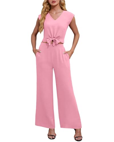 Tanou Damen Loungewear-Set V-Ausschnitt Kappe Ärmel Geknotet Elastic Weite Bein mit Taschen Zweiteiler Damen Frezeit Anzug Outfits Rosa L 42-44