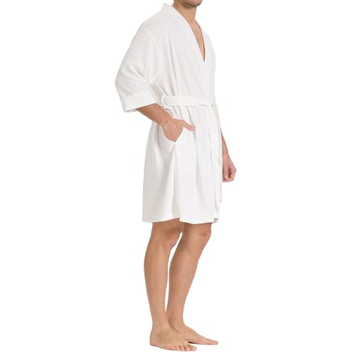 Image of SIORO Mens Waffle Knit Lightweight Robe, Short Bathrobe with Pockets & 3 /4 Sleeves, Kimono Loungewear for Summer & Spa