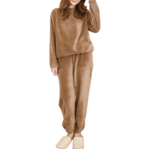 Hveuluop Gieen Ensemble Pyjama Femme en Polaire Corail – Haut à Manches Longues et Col Rond et Pantalon, Ensemble de Détente Élastique en Velours Corail,...