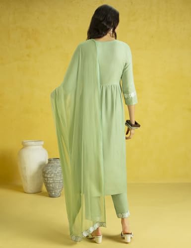 Image of Kaari Women's Chikankari Kurta Set with Dupatta -Fit & Flare Fit | Chiffon Dupatta with Embroidered Band | Straight Pant with Side Pocket | Kurta Set For Women