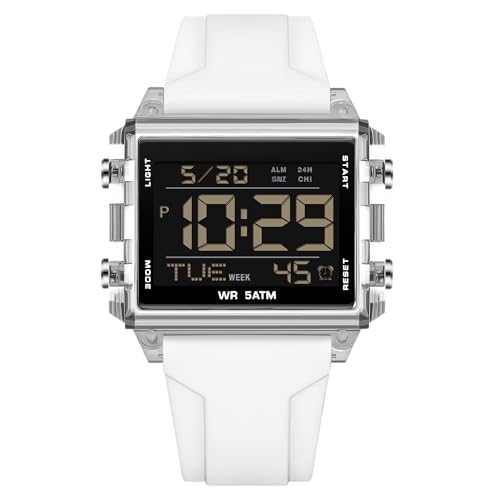 Reloj digital cuadrado para hombre, esfera grande, resistente al agua, LED, unisex, electrónico, con alarma, fecha, cronómetro, Blanco translúcido Reloj digital cuadrado para hombre, esfera grande, resistente al agua, LED, unisex, electrónico, con alarma, fecha, cronómetro, Blanco translúcido