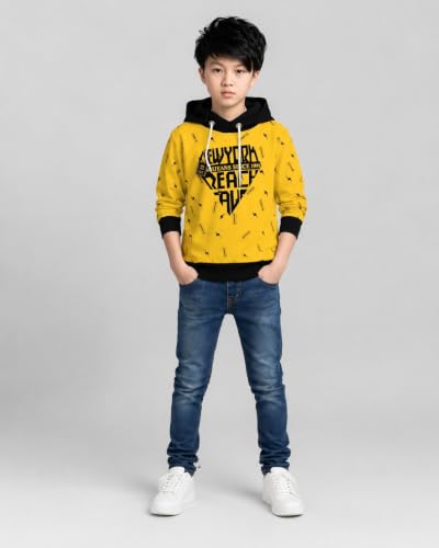 Image of TICOSS Kids Boys & Girls Hooded Neck Full Sleeves Typography Printed T Shirt, Mustard, Pack of 1