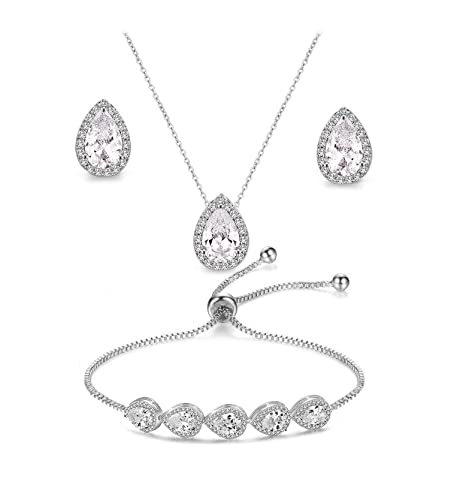 Udora Zirconia Teardrop Necklace Earrings Bracelet Jewelry Set Wedding Party Prom (White Gold) #TOP9
