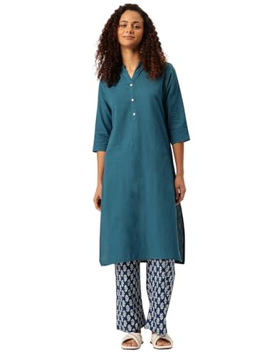 Image of feranoid Women's Plain Cotton Kurta with Mandarin Collar, 3 /4 Sleeves & Pocket