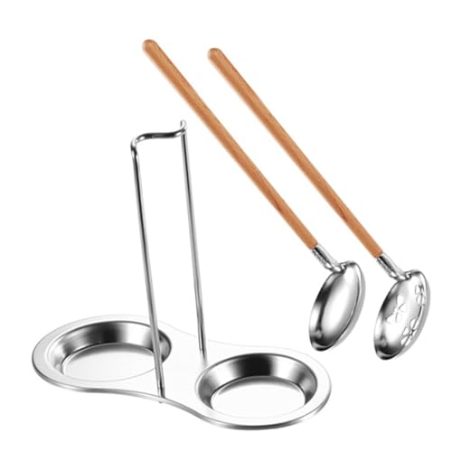 Sosoport 1Set Stainless Steel Soup Ladle with Wooden Handle Kitchen Essentials Including Strainer Spoon and Holder for Easy Serving for Soup Rice and Porridge