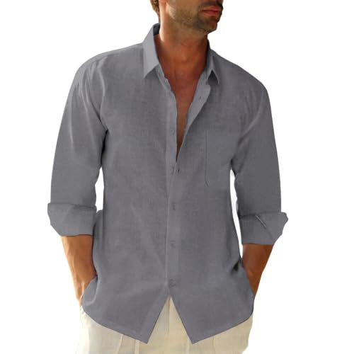 Image of JEKAOYI Mens Button Down Cotton Linen Shirts Casual Long Sleeve Beach Tops