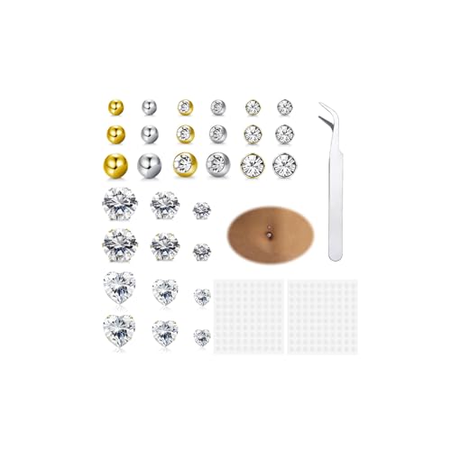 30 Pcs Fake Belly Button Piercing for Women Gold Silver Cubic Zirconia Faux Belly Ring Clip on Bellybutton Ring Fake Piercing Non Piercing False Belly Button Sticker