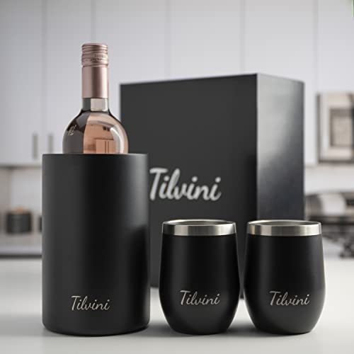 Insulated Wine Chiller Bucket & Wine Tumblers Silk Gift Box Set. Portable Bottle Cooler With Wine Cups. Entertaining Essentials Kitchen Wine Gift For Couples. 12Oz Metal Stemless Wine Glass With Lid #TOP4