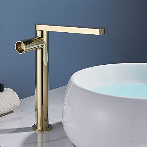 Robinet de lavabo haut de salle de bain mitigeur noir et or poignée ronde sur pont